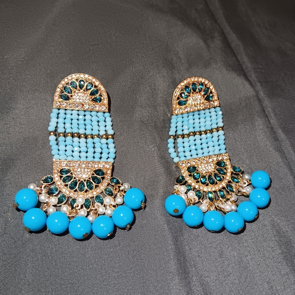 Elegant Blue and Gold Beaded Earrings